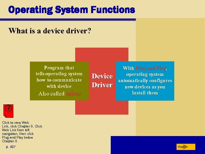Operating System Functions What is a device driver? Program that tells operating system how