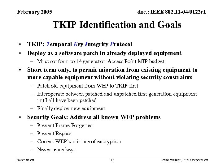 February 2005 doc. : IEEE 802. 11 -04/0123 r 1 TKIP Identification and Goals