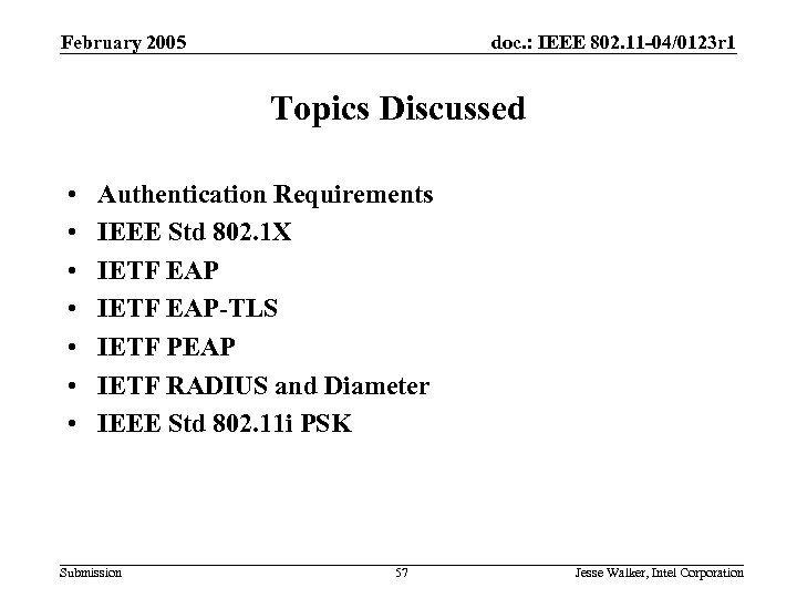 February 2005 doc. : IEEE 802. 11 -04/0123 r 1 Topics Discussed • •