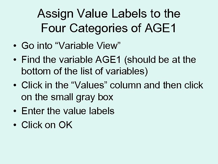 Assign Value Labels to the Four Categories of AGE 1 • Go into “Variable