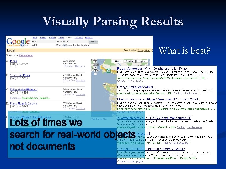 Visually Parsing Results What is best? Lots of times we search for real-world objects