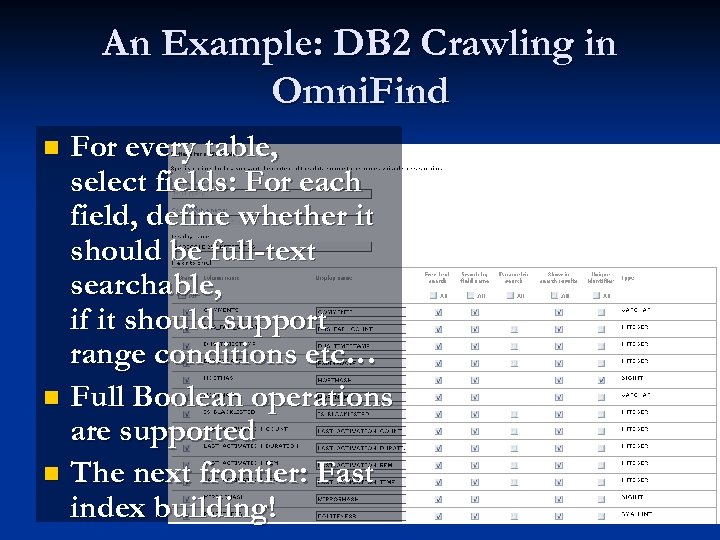 An Example: DB 2 Crawling in Omni. Find For every table, select fields: For