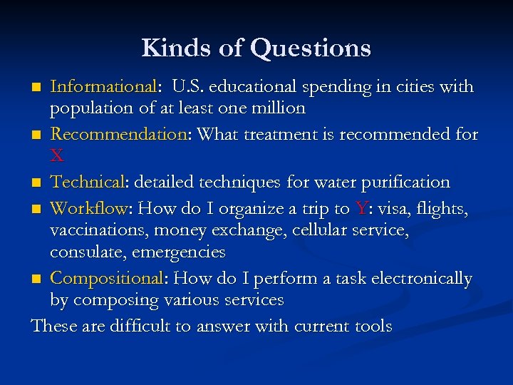 Kinds of Questions Informational: U. S. educational spending in cities with population of at