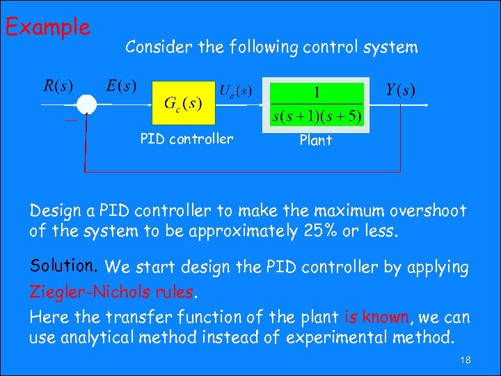 Example Consider the following control system PID controller Plant Design a PID controller to