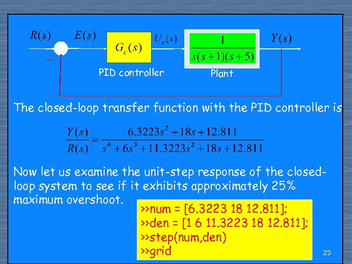 PID controller Plant The closed-loop transfer function with the PID controller is Now let