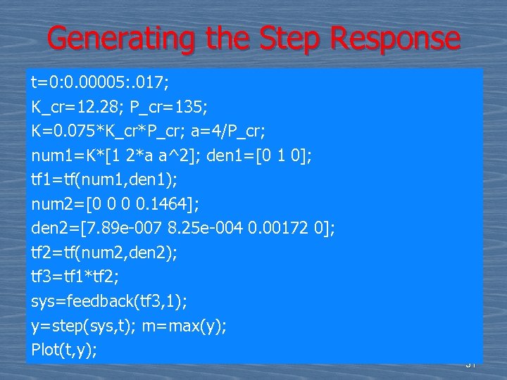 Generating the Step Response t=0: 0. 00005: . 017; K_cr=12. 28; P_cr=135; K=0. 075*K_cr*P_cr;