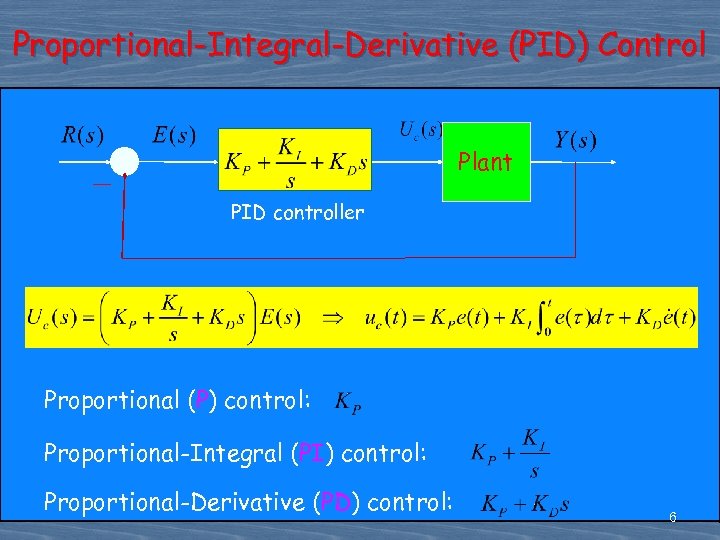 Proportional-Integral-Derivative (PID) Control Plant PID controller Proportional (P) control: Proportional-Integral (PI) control: Proportional-Derivative (PD)