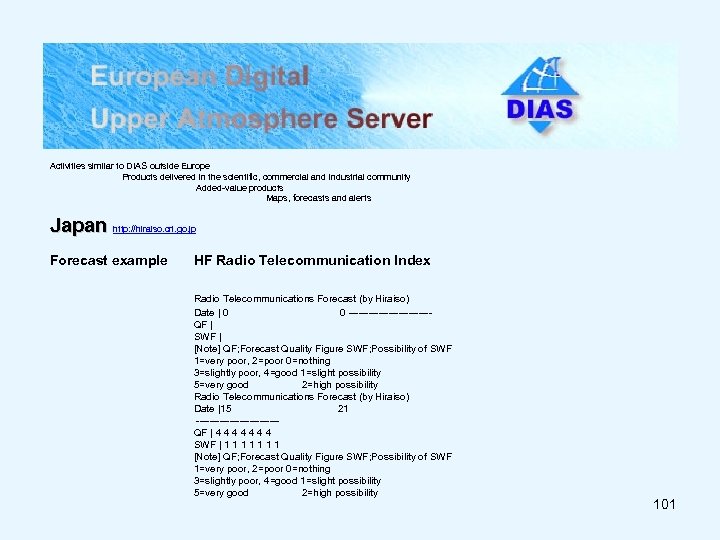 Activities similar to DIAS outside Europe Products delivered in the scientific, commercial and industrial