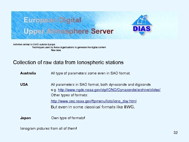 Activities similar to DIAS outside Europe Techniques used by these organizations to generate the