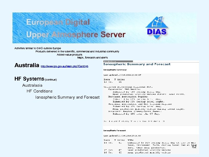 Activities similar to DIAS outside Europe Products delivered in the scientific, commercial and industrial