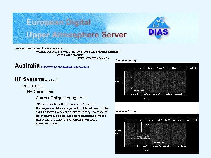 Activities similar to DIAS outside Europe Products delivered in the scientific, commercial and industrial