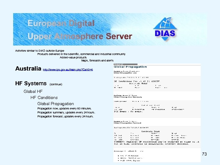Activities similar to DIAS outside Europe Products delivered in the scientific, commercial and industrial