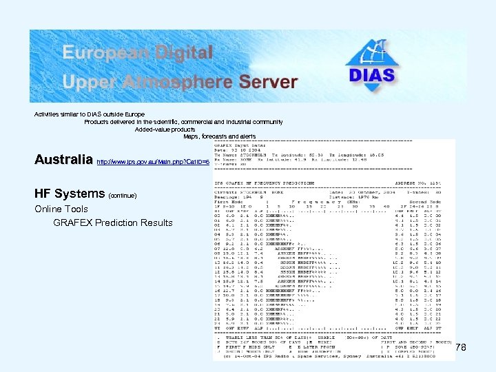 Activities similar to DIAS outside Europe Products delivered in the scientific, commercial and industrial