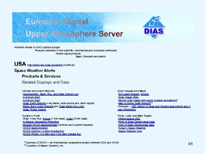 Activities similar to DIAS outside Europe Products delivered in the scientific, commercial and industrial