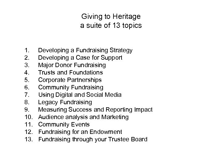 Giving to Heritage a suite of 13 topics 1. 2. 3. 4. 5. 6.