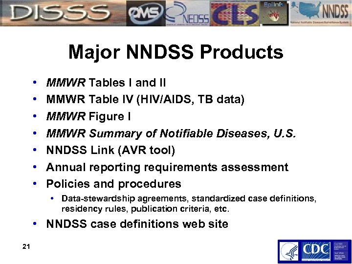 Major NNDSS Products • • MMWR Tables I and II MMWR Table IV (HIV/AIDS,