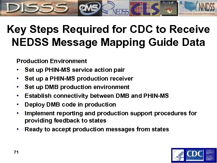 Key Steps Required for CDC to Receive NEDSS Message Mapping Guide Data Production Environment