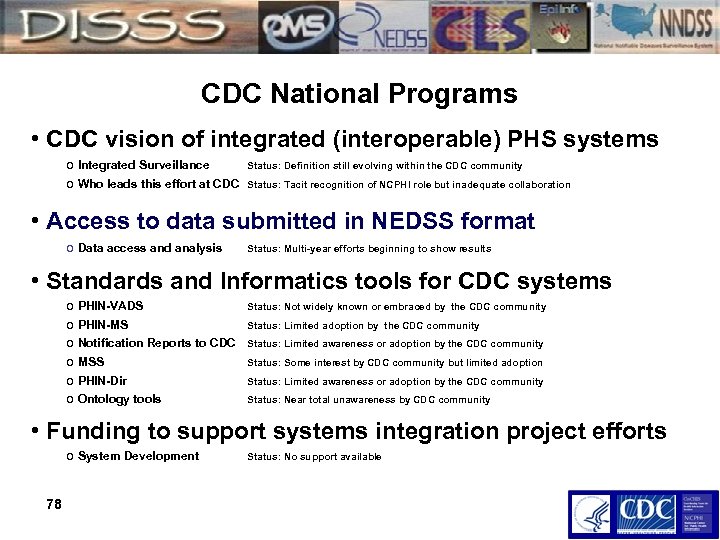 CDC National Programs • CDC vision of integrated (interoperable) PHS systems o Integrated Surveillance