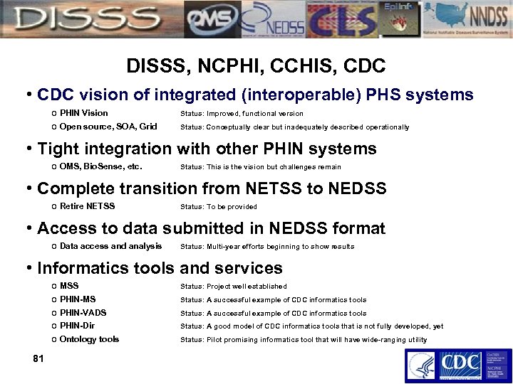 DISSS, NCPHI, CCHIS, CDC • CDC vision of integrated (interoperable) PHS systems o PHIN