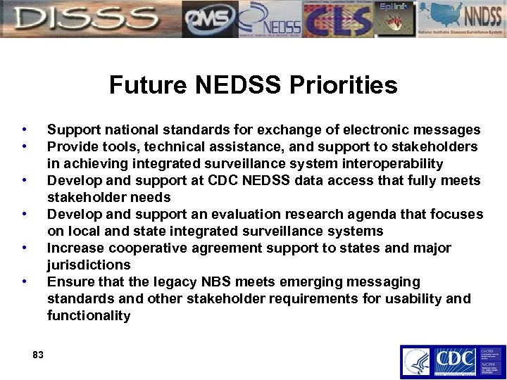 Future NEDSS Priorities • • Support national standards for exchange of electronic messages Provide