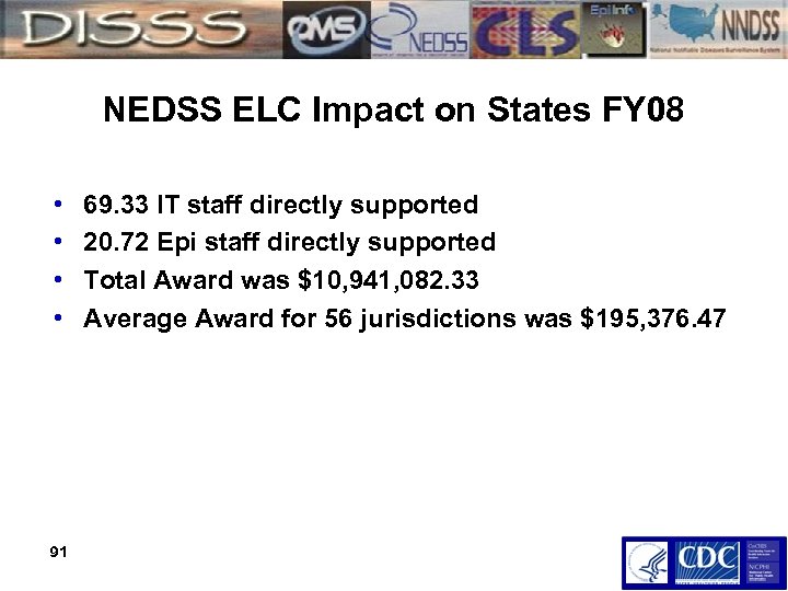 NEDSS ELC Impact on States FY 08 • • 91 69. 33 IT staff
