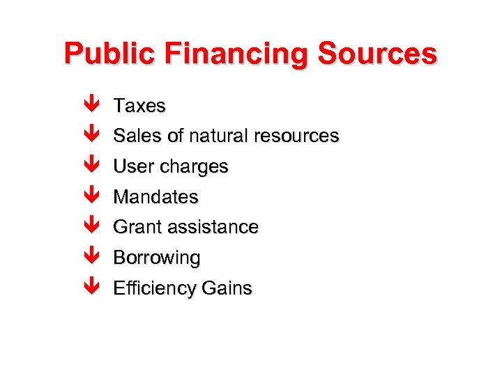 Public Financing Sources ê Taxes ê Sales of natural resources ê User charges ê