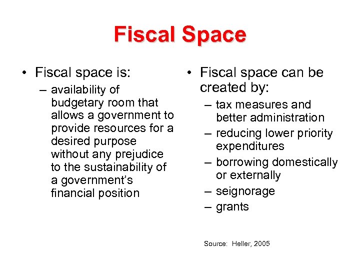 Fiscal Space • Fiscal space is: – availability of budgetary room that allows a