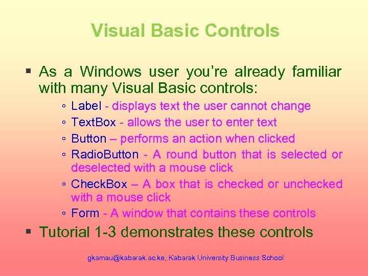 Visual Basic Controls § As a Windows user you’re already familiar with many Visual