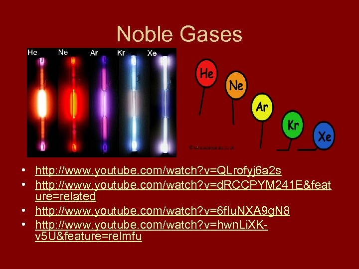 Noble Gases • http: //www. youtube. com/watch? v=QLrofyj 6 a 2 s • http:
