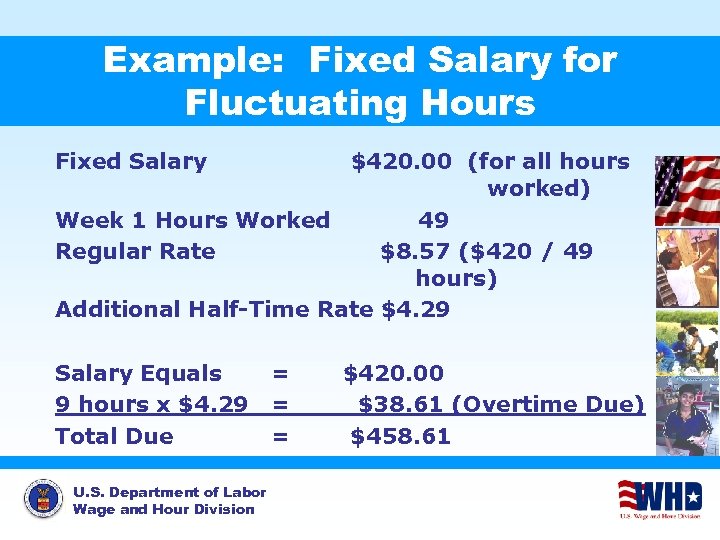 Example: Fixed Salary for Fluctuating Hours Fixed Salary $420. 00 (for all hours worked)