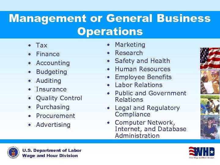 Management or General Business Operations • • • Tax Finance Accounting Budgeting Auditing Insurance