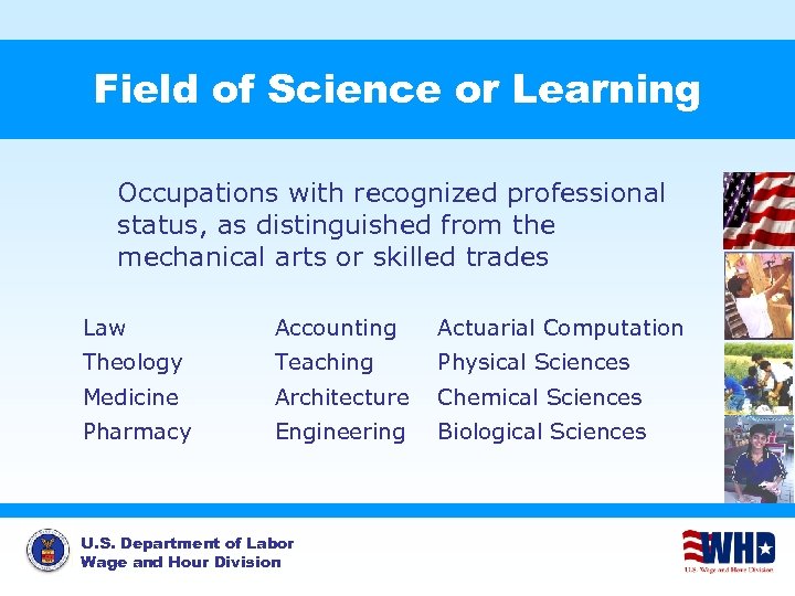 Field of Science or Learning Occupations with recognized professional status, as distinguished from the