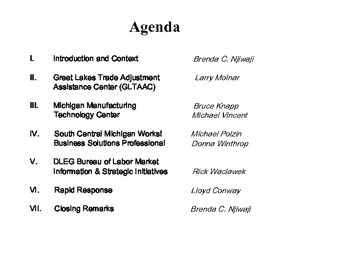 Agenda I. Introduction and Context Brenda C. Njiwaji II. Great Lakes Trade Adjustment Assistance