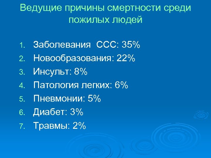 Ведущие причины смертности среди пожилых людей 1. 2. 3. 4. 5. 6. 7. Заболевания