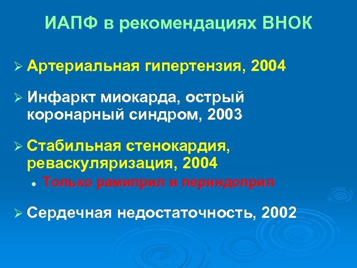 ИАПФ в рекомендациях ВНОК Ø Артериальная гипертензия, 2004 Ø Инфаркт миокарда, острый коронарный синдром,