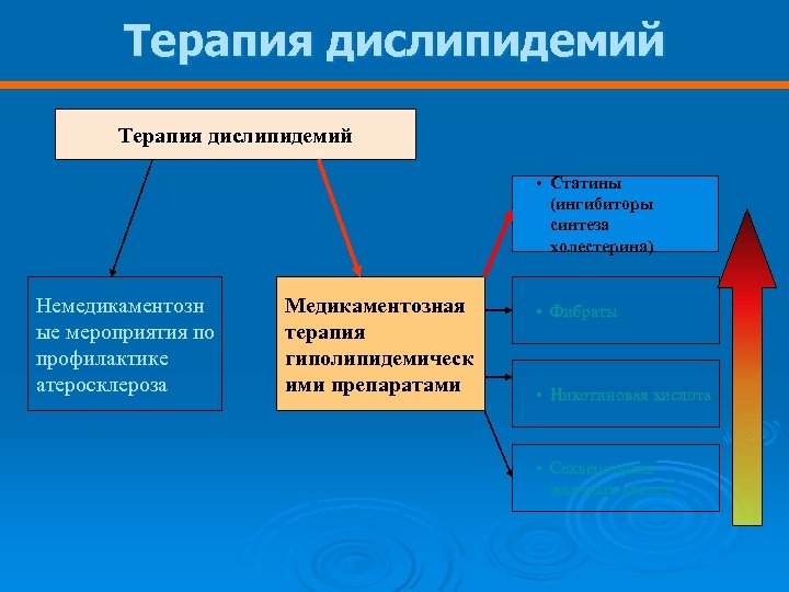 Терапия дислипидемий • Статины (ингибиторы синтеза холестерина) Немедикаментозн ые мероприятия по профилактике атеросклероза Медикаментозная