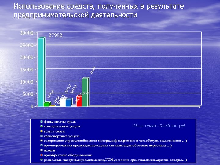 Использование средств, полученных в результате предпринимательской деятельности Общая сумма – 51449 тыс. руб. 