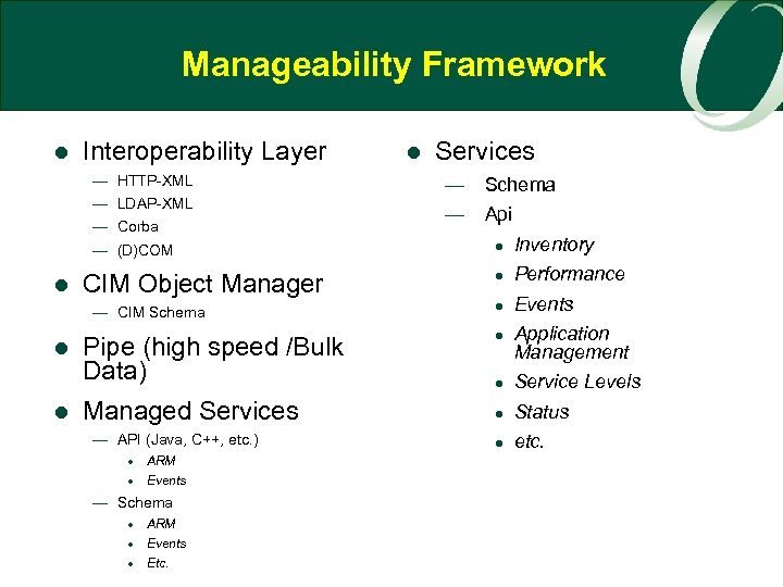 Manageability Framework l Interoperability Layer — — l HTTP-XML LDAP-XML Corba (D)COM CIM Object