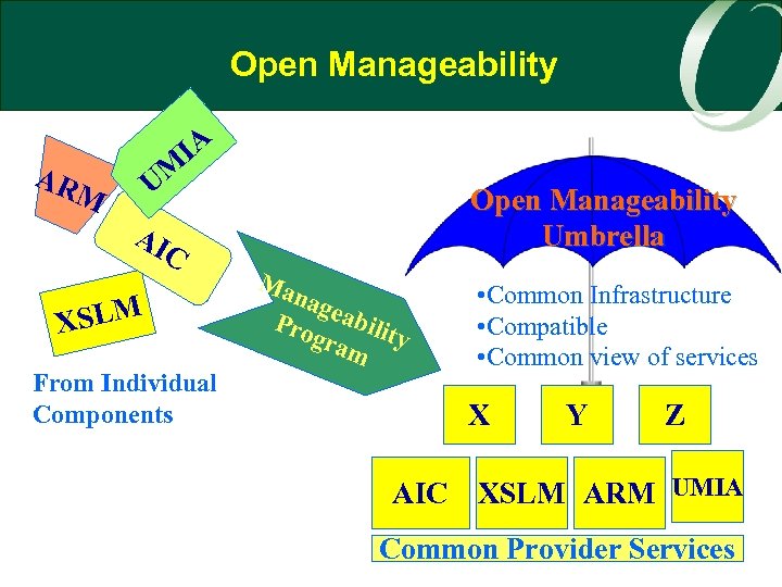 Open Manageability IA UM AR M Open Manageability Umbrella AI C XSLM From Individual