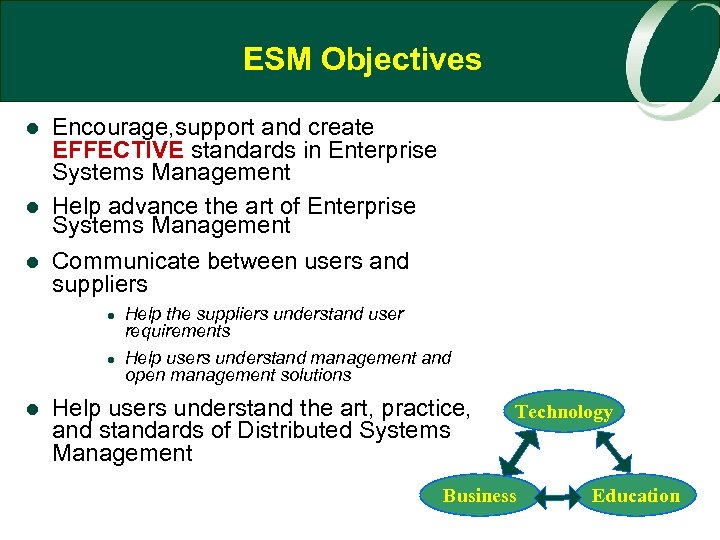ESM Objectives l l l Encourage, support and create EFFECTIVE standards in Enterprise Systems