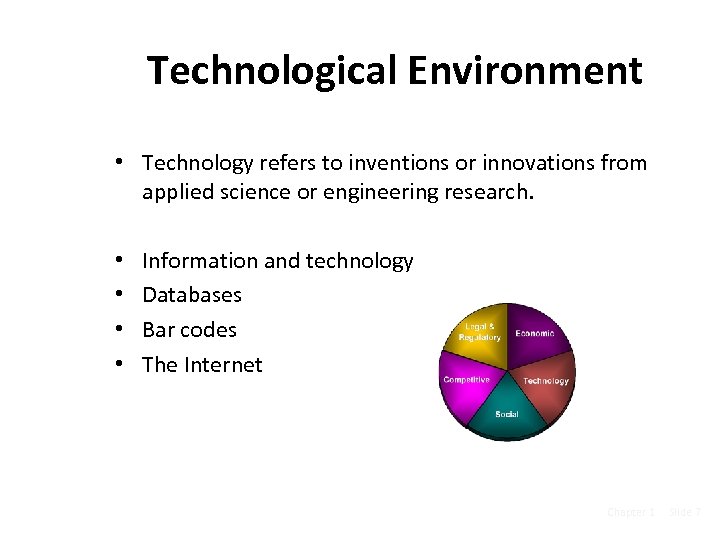 Technological Environment • Technology refers to inventions or innovations from applied science or engineering