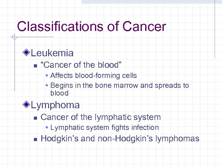 Classifications of Cancer Leukemia n “Cancer of the blood” w Affects blood-forming cells w