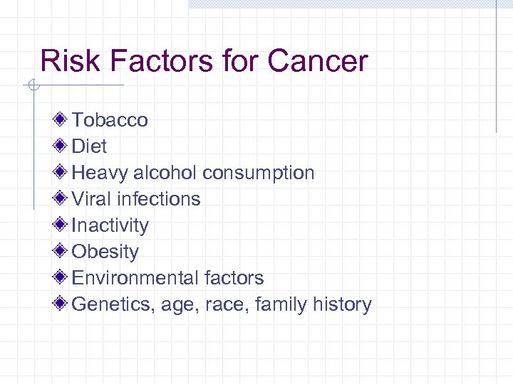 Risk Factors for Cancer Tobacco Diet Heavy alcohol consumption Viral infections Inactivity Obesity Environmental