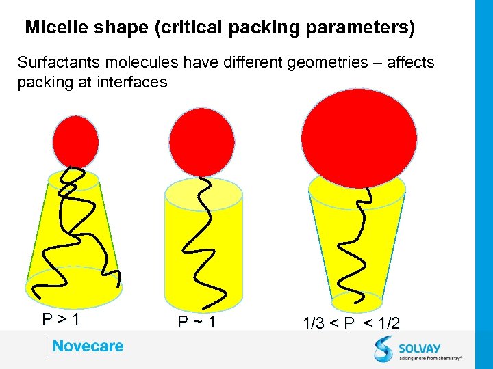 Micelle shape (critical packing parameters) Surfactants molecules have different geometries – affects packing at