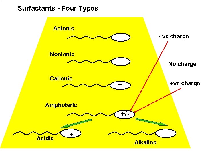 Surfactants - Four Types Anionic - - ve charge Nonionic No charge Cationic +ve