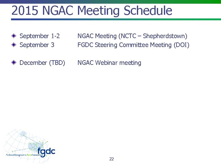 2015 NGAC Meeting Schedule September 1 -2 September 3 NGAC Meeting (NCTC – Shepherdstown)