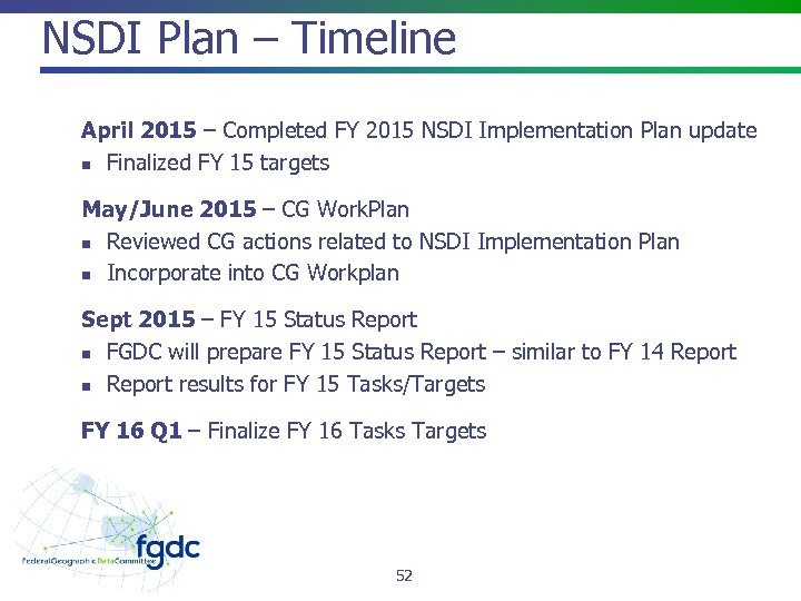 NSDI Plan – Timeline April 2015 – Completed FY 2015 NSDI Implementation Plan update