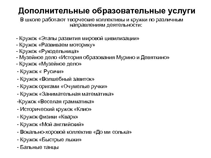  Дополнительные образовательные услуги В школе работают творческие коллективы и кружки по различным направлениям