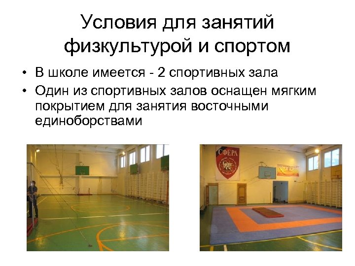 Условия для занятий физкультурой и спортом • В школе имеется - 2 спортивных зала