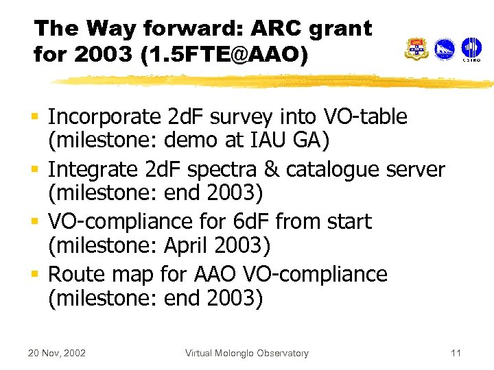 The Way forward: ARC grant for 2003 (1. 5 FTE@AAO) § Incorporate 2 d.